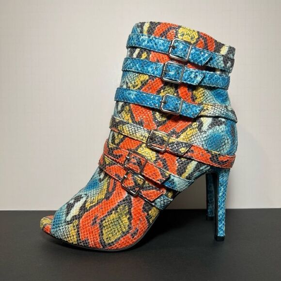 Womens HOT TOMATO Bold Buckles Snake Print Side Zip Open Toe Heels / Size 9 - Picture 3 of 8